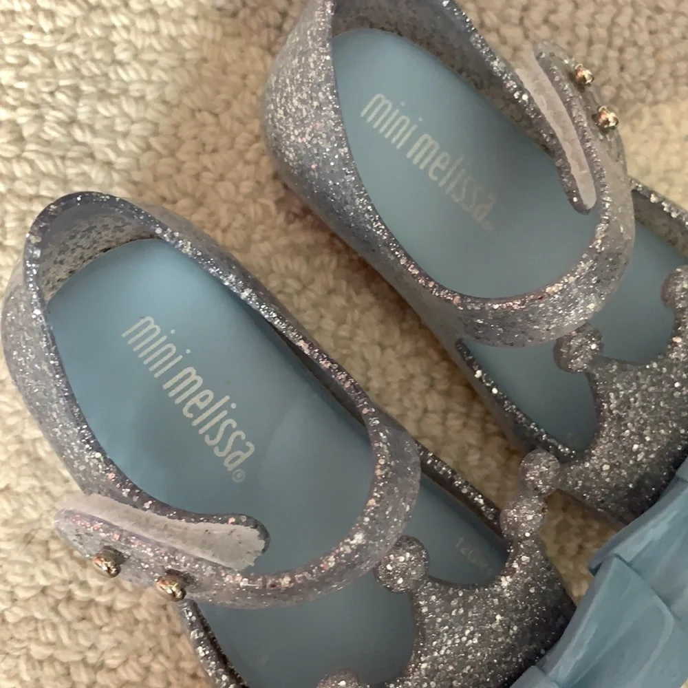 Mini Melissa Silver Glitter Mary Jane Shoes with Blue Bow